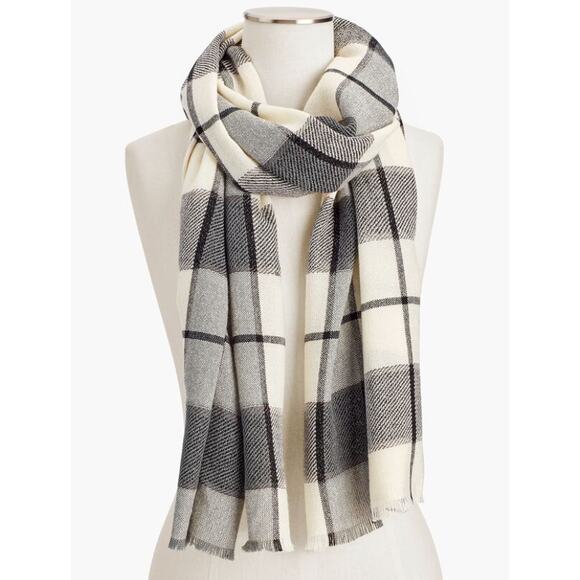 New Talbots Cream Gray Black Windowpane Plaid Scarf Shimmer Wool Blend Fringe - Picture 9 of 10